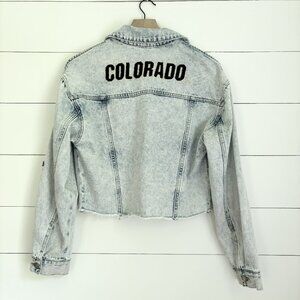 Hype and Vice blue jean jacket with Colorado spelled out on back Sz XS